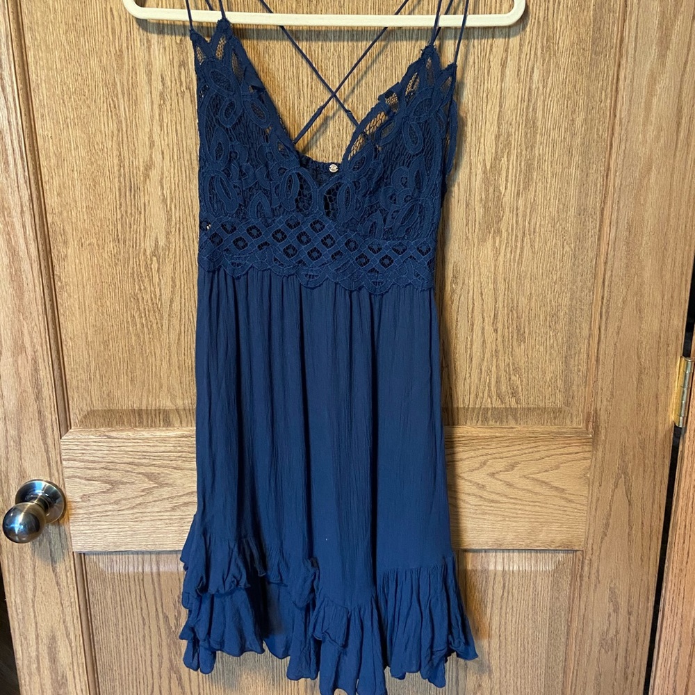 Lace-Trim Spaghetti Strap Navy Dress